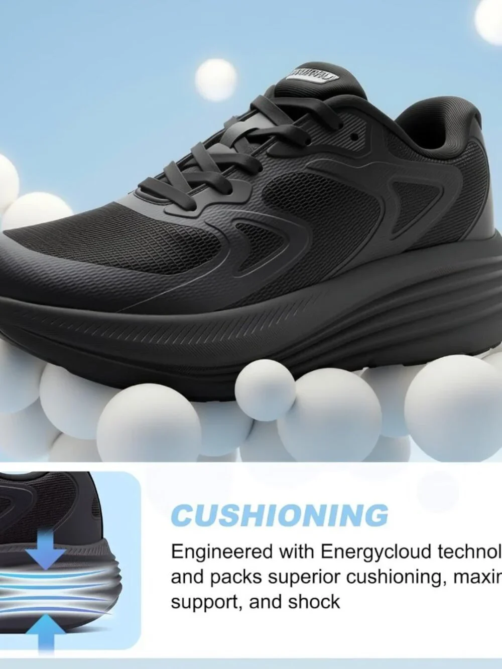 Women's All Black Fort Walking Shoes Tennis, Max Cushioning Running Sneakers
